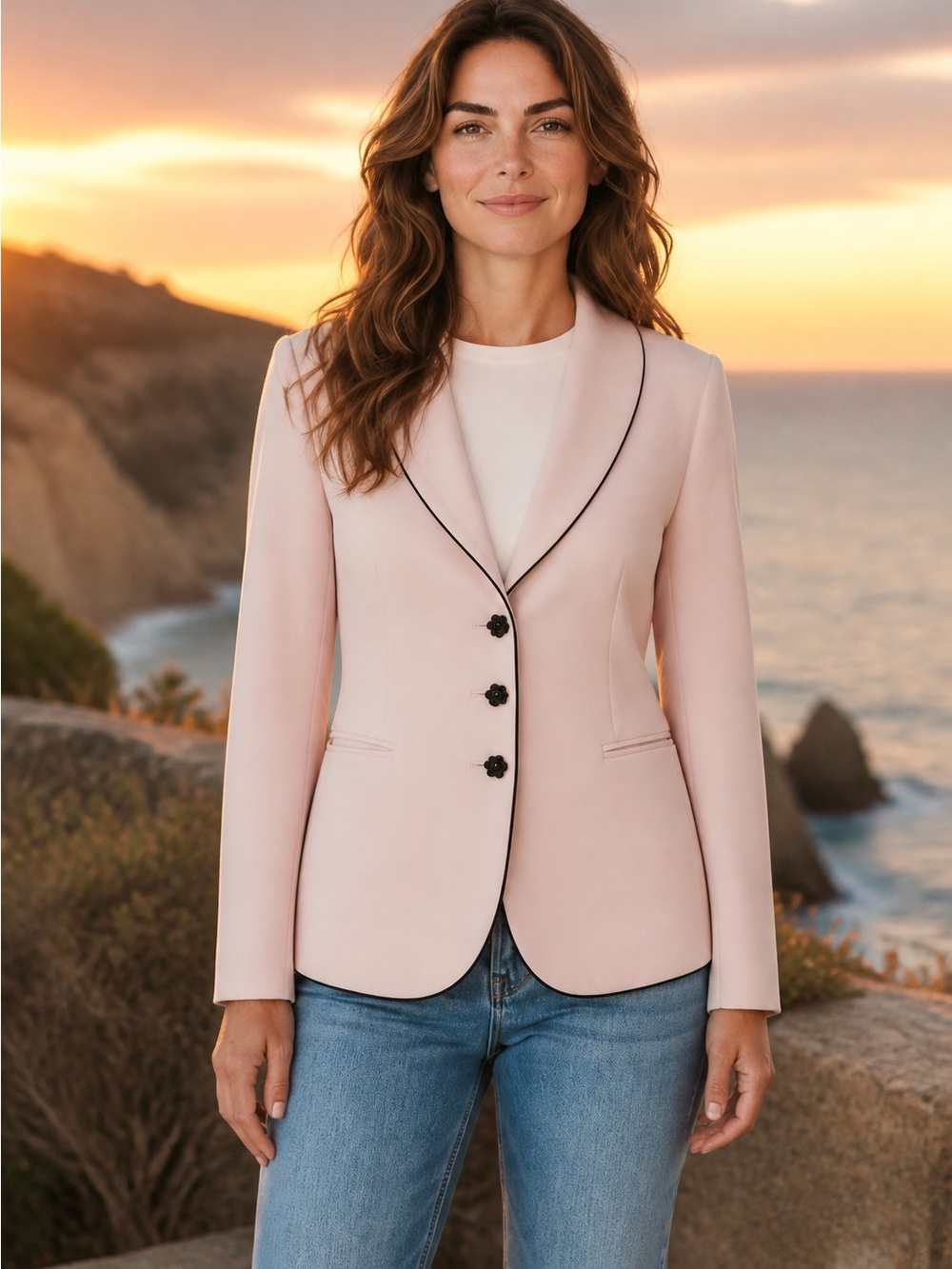 Women's Blush Blazer with Contrast Piping